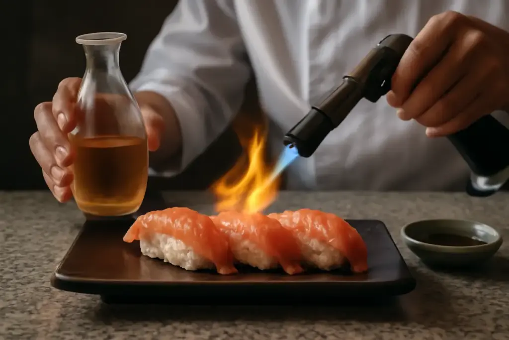 Sake flambé nel sushi: come ottenere un aroma affumicato senza coprire il pesce
